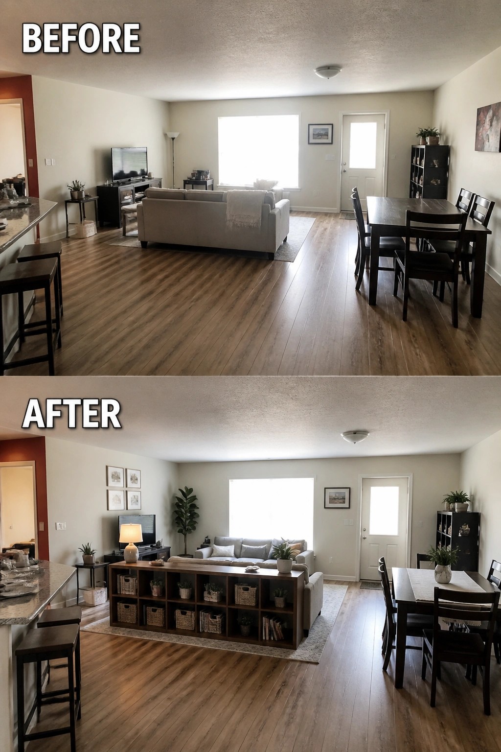 Before-and-after image of an open-concept living room where a long console table with cubbies was added behind the sofa to create a visual divider between the living and dining areas.