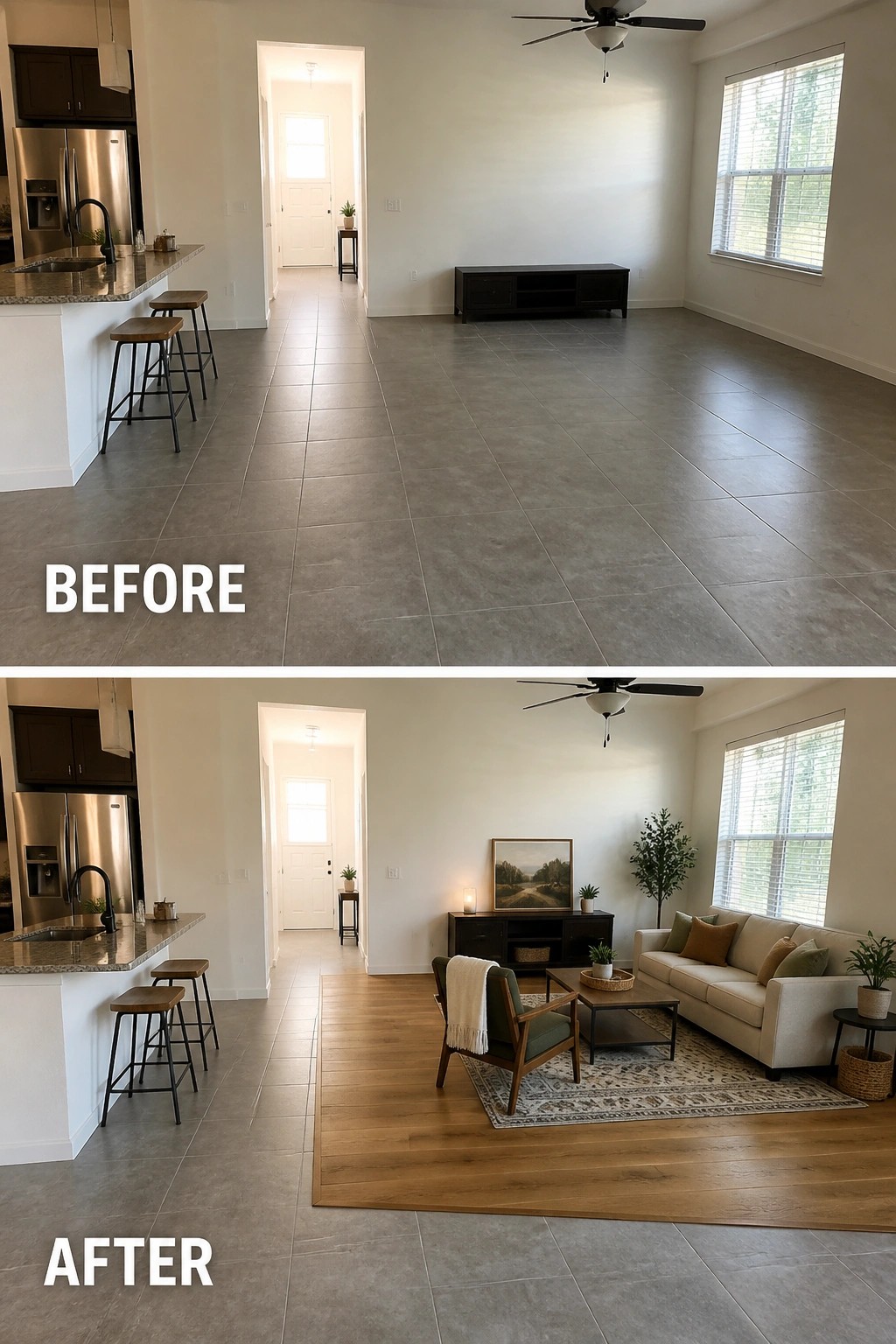 Before-and-after image of an open living space with a large area rug added to define a seating area with a sofa, chairs, and coffee table.