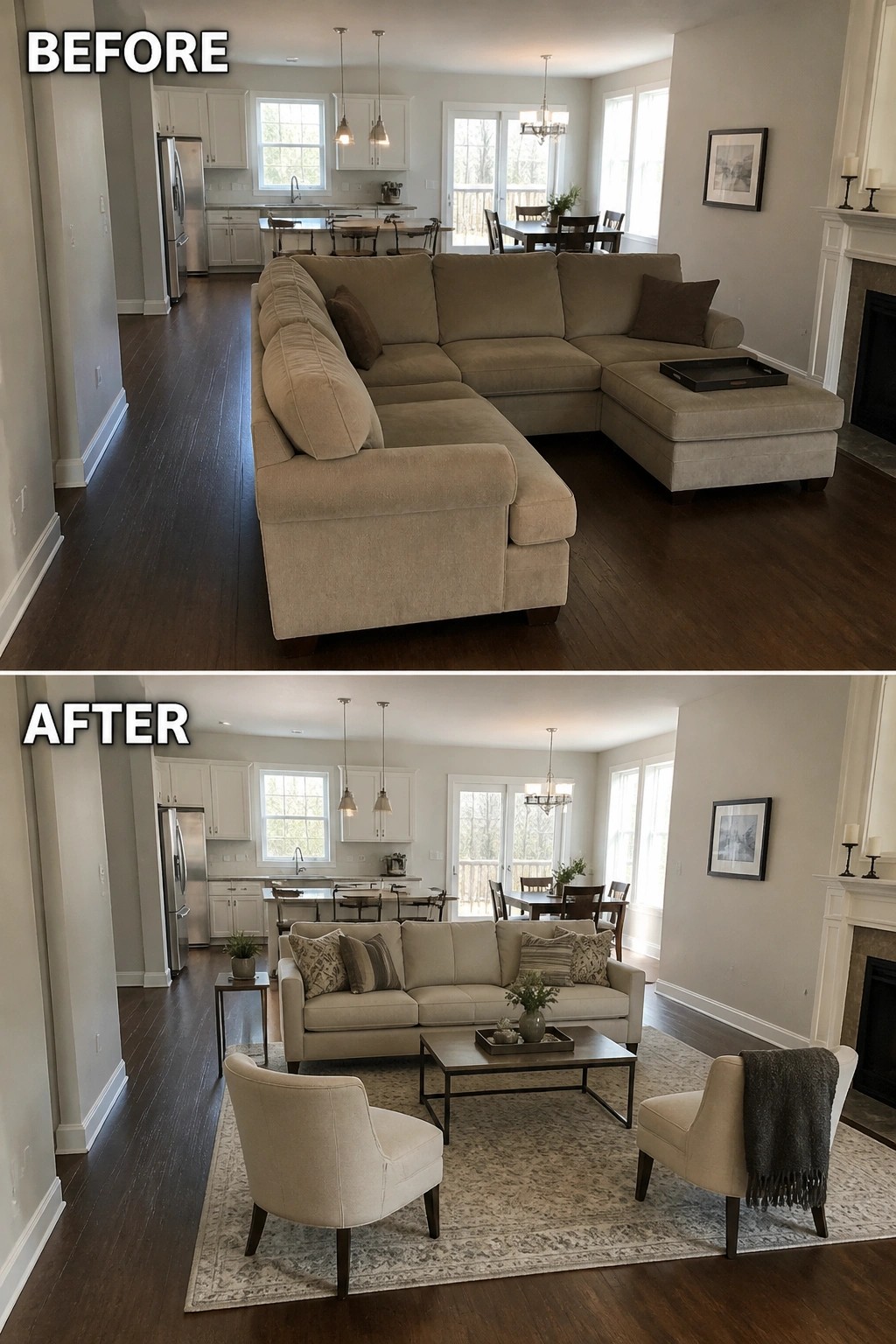Before and after living room with L-shaped sectional replaced by sofa, chairs, and rug.