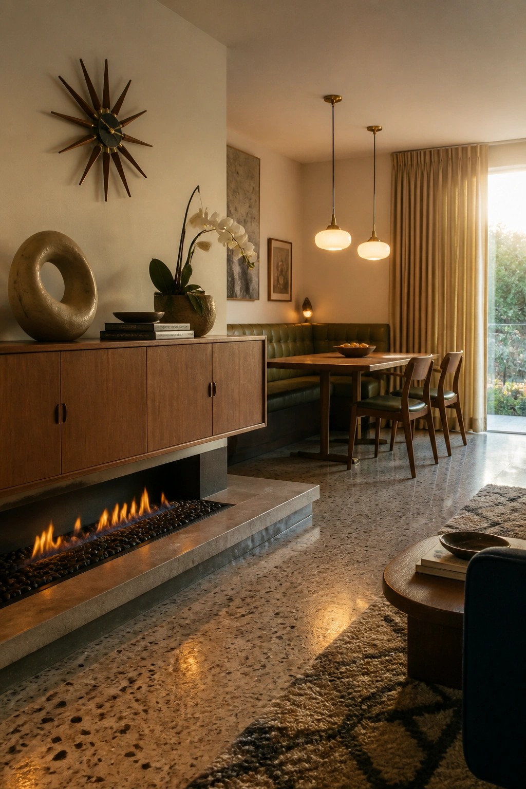 Modern dining area with fireplace, wooden sideboard, green banquette, and pendant lights.