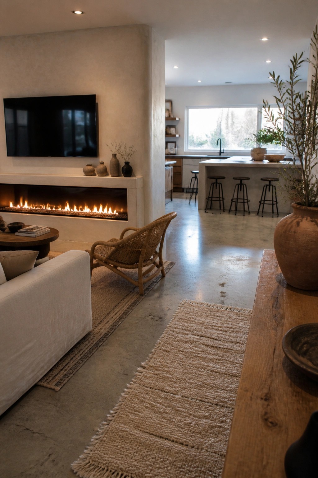 A living room with a long linear fireplace set into a light wall, a white sofa, a woven chair, and an open view to a kitchen with bar stools.