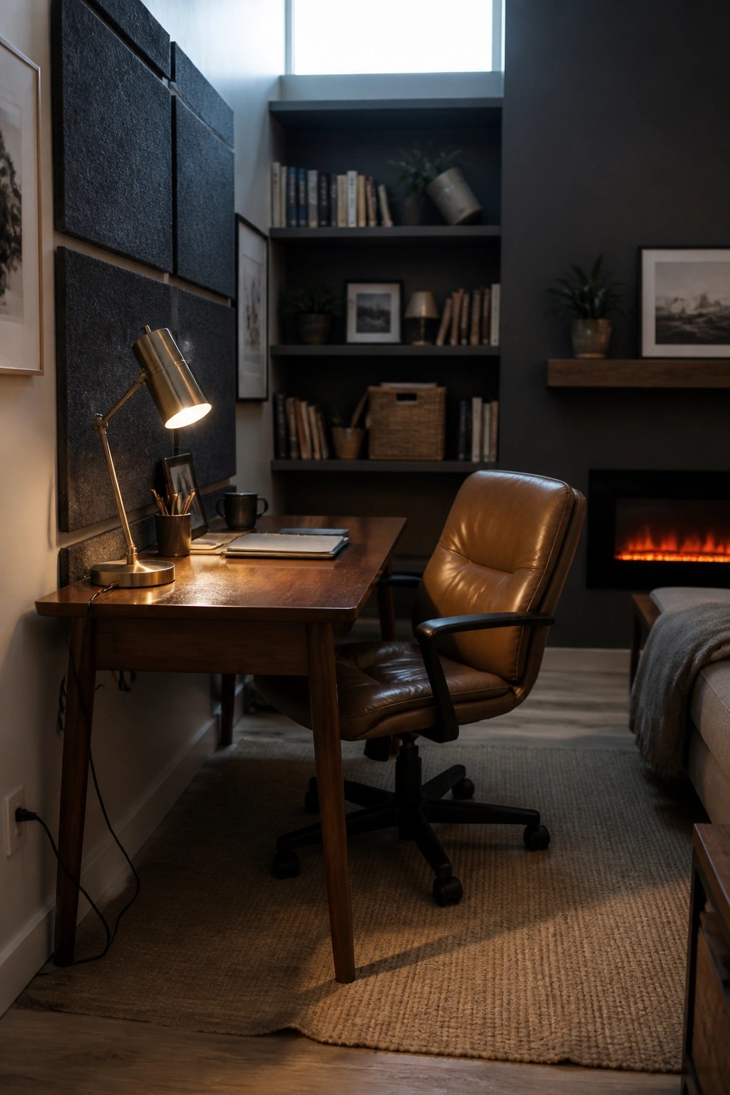 A wooden desk with a brown leather office chair sits on a woven rug in front of built-in bookshelves, with a lit fireplace visible on the right wall.