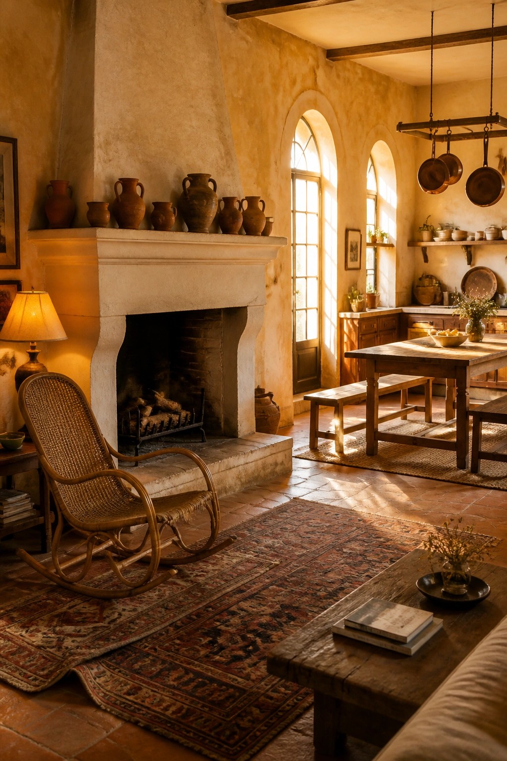 A rustic interior with a large fireplace, rocking chair in front, layered rugs on terracotta flooring, and an open dining area visible beyond.