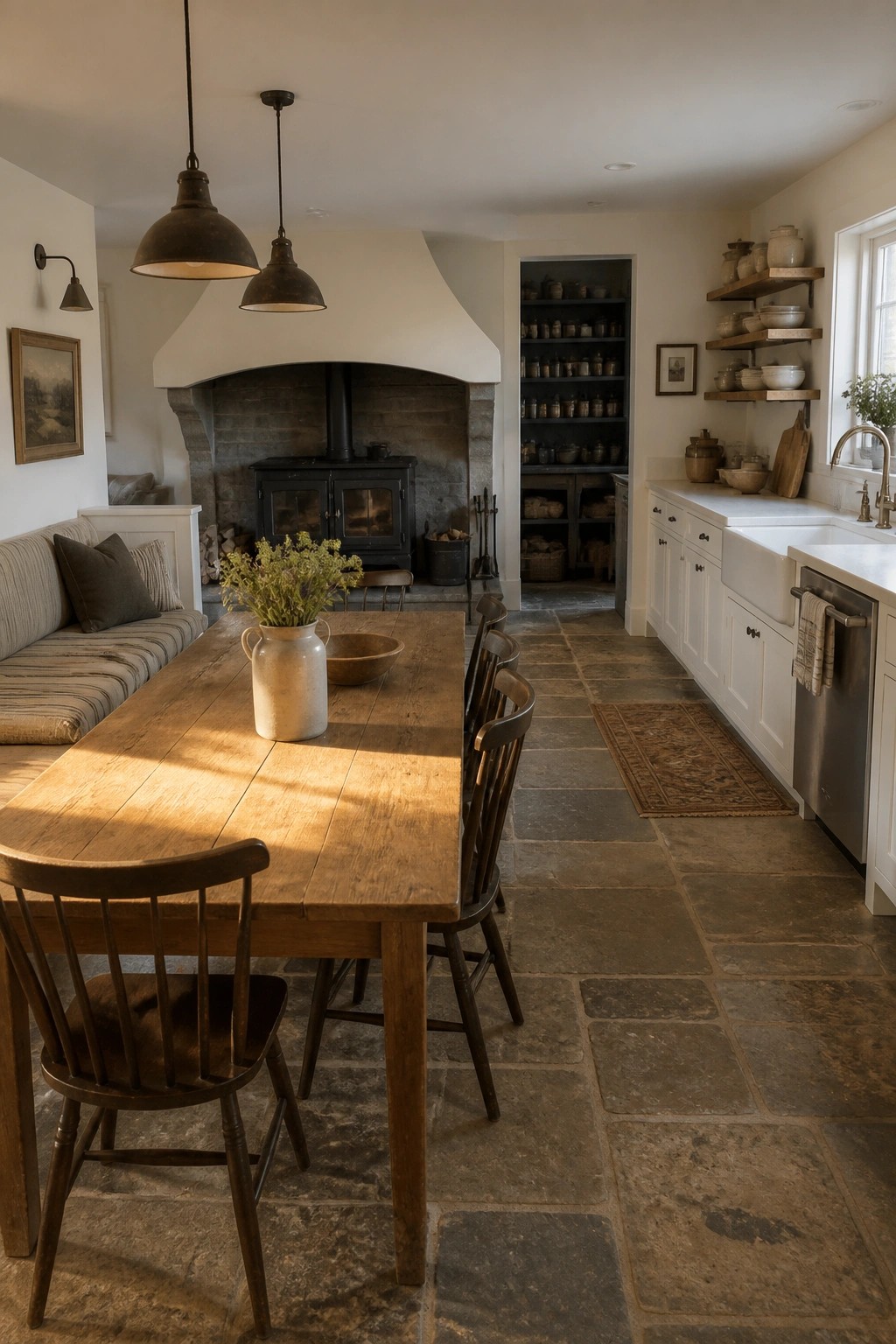 A rustic open-plan kitchen and dining area with a large stone fireplace and black wood-burning stove at the far end, a long wooden dining table in the foreground, and white cabinetry with open shelves along the right wall.