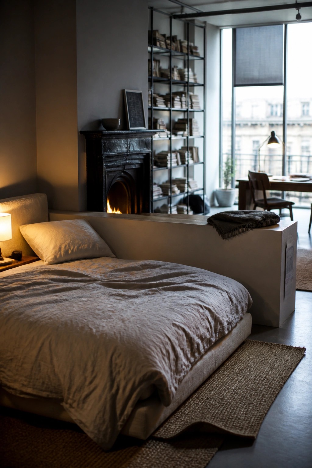 A bedroom with a bed positioned against a low white platform that holds a black fireplace, with tall black bookshelves above and a desk area visible in the background.