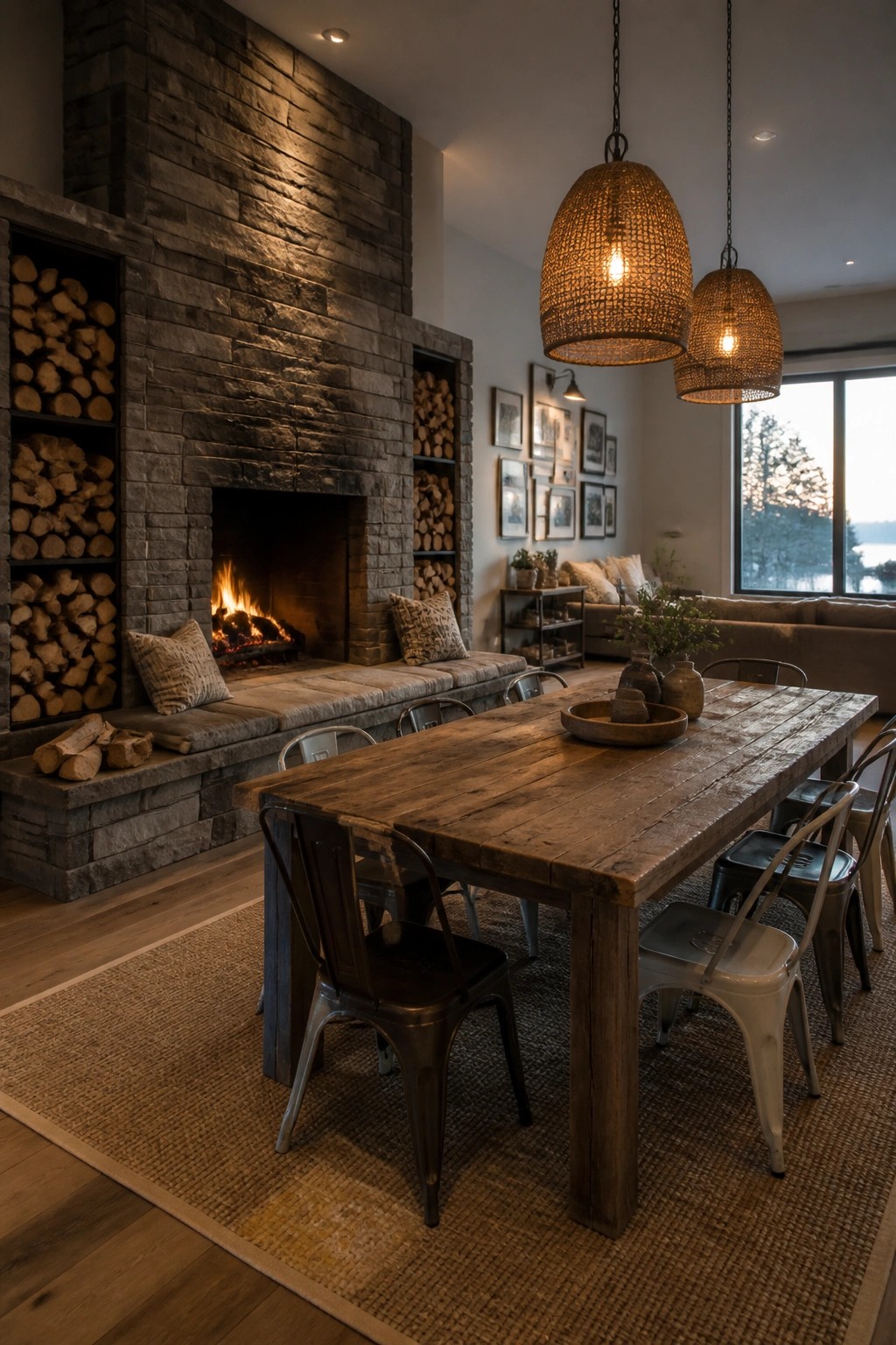 A large stone fireplace with built-in bench seating and firewood storage niches beside a long wooden dining table in an open-plan room.