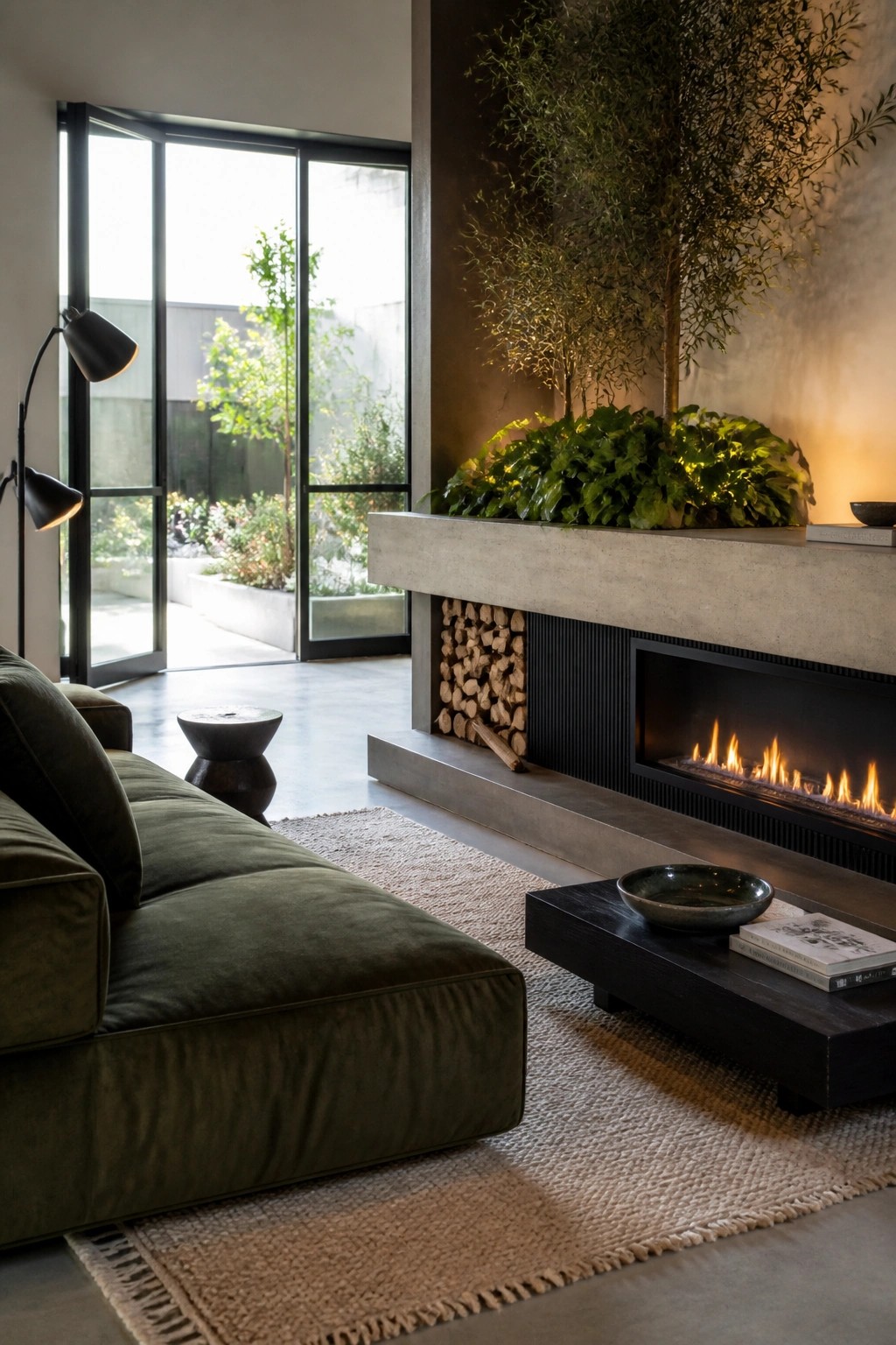 A modern living room showing a linear gas fireplace built into a concrete surround with stacked firewood in an adjacent recessed niche and a dark green sectional sofa in front.