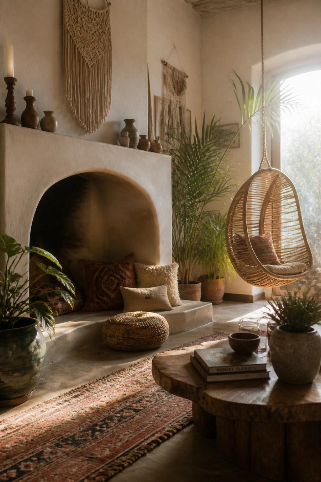 An interior view of a room with an arched plaster fireplace, cushions arranged on a built-in hearth bench, a hanging wicker chair, and several potted plants.