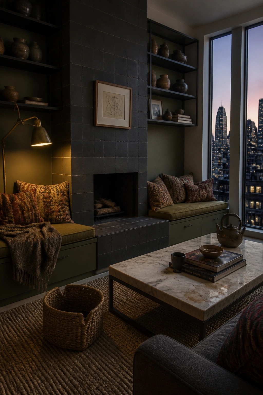A dark tiled fireplace with built-in cushioned benches on both sides, surrounded by dark green walls, open shelving, a marble coffee table, and a city view through large windows.