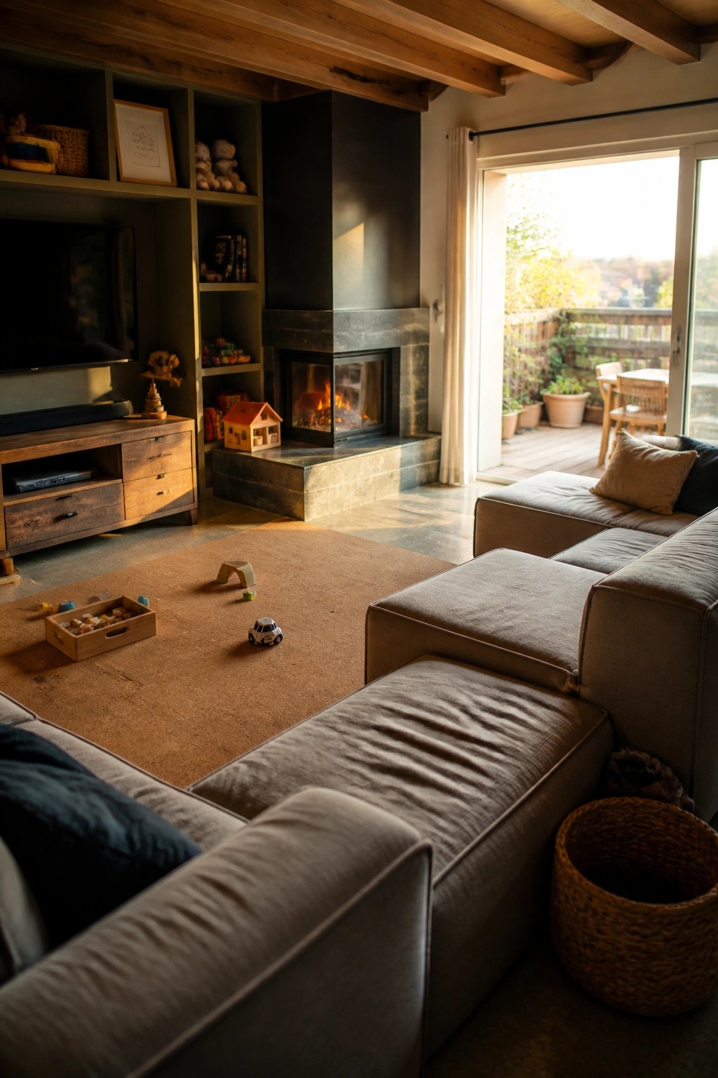 Cozy living room with stone fireplace, gray sofa, toys on rug, patio doors.
