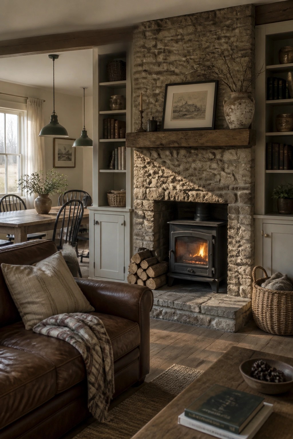 A living room with a large stone fireplace containing a wood-burning stove, flanked by built-in white shelving, and a brown leather sofa in the foreground.