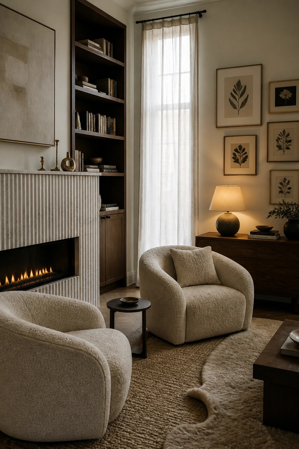 A living room corner features a modern fireplace with a fluted marble surround, flanked by dark wood built-in bookshelves, two off-white boucle armchairs, and a large area rug.
