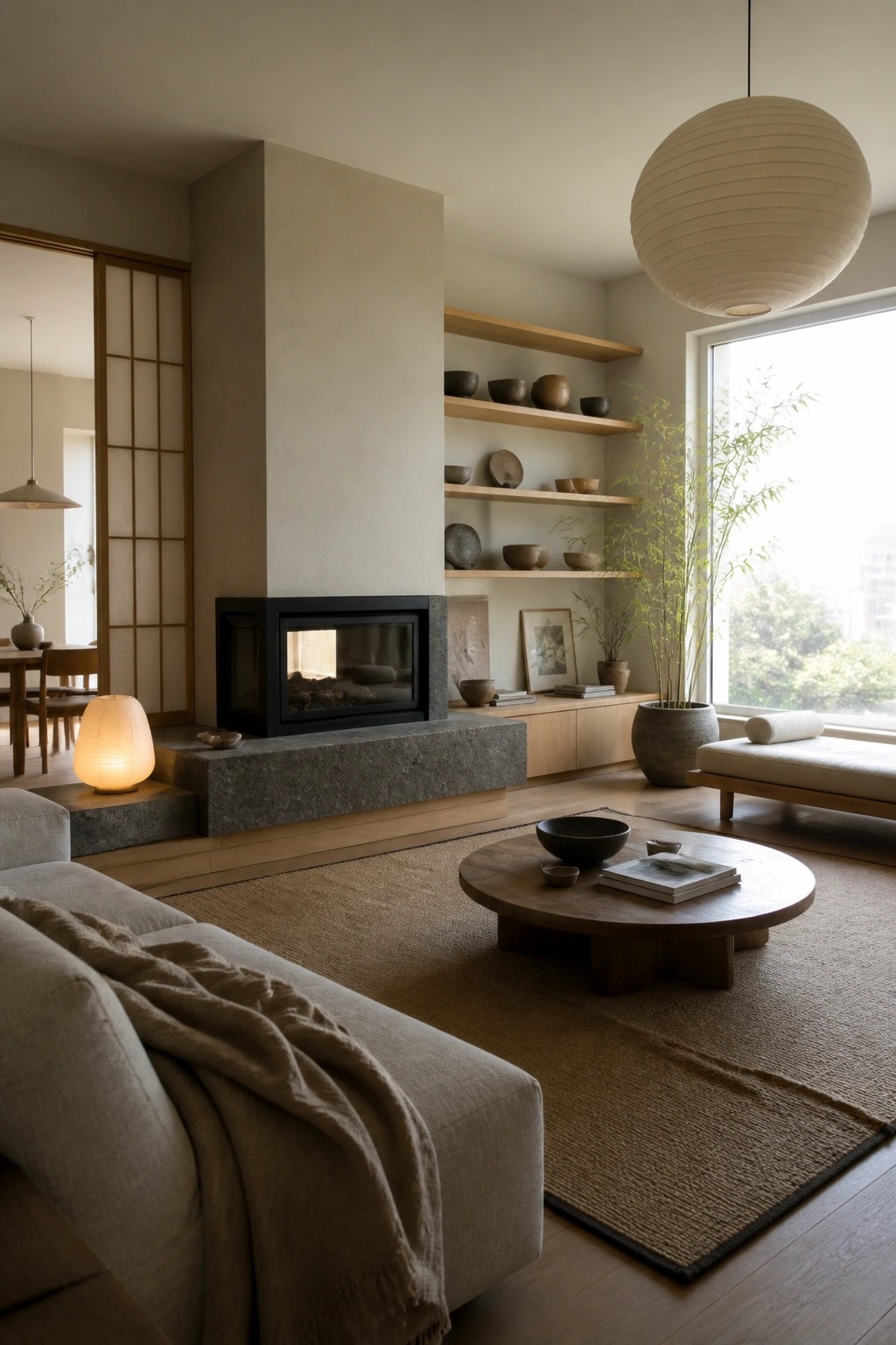 A living room with a black fireplace set into a tall beige structure, featuring a wide stone hearth extension and floating wooden shelves above holding pottery and books, with a sofa and round coffee table on a woven rug in front.