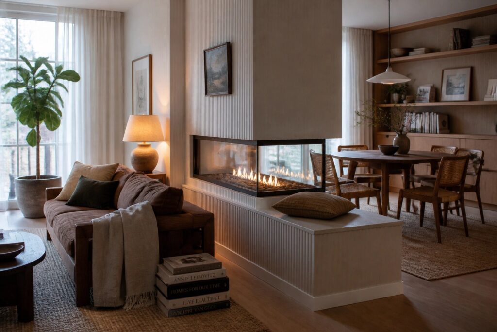 22 Cozy Fireplace Ideas That Make Open-Plan Rooms Feel More Intimate A living room with a glass-fronted fireplace set above a low concrete platform hearth, next to a wooden sofa and a dining area beyond.