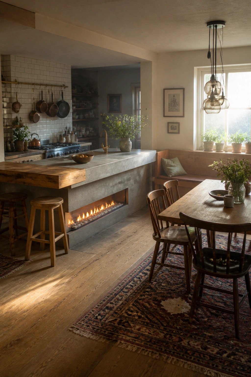 Rustic kitchen with concrete island fireplace, wooden dining table, and pendant lights.