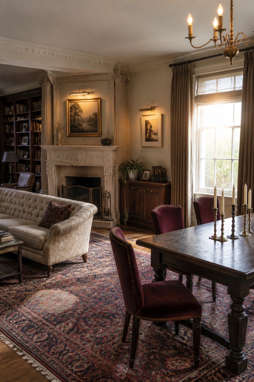 A spacious living room featuring a white fireplace flanked by classical columns, with a tufted sofa on a red patterned rug and a dark wood dining table nearby.