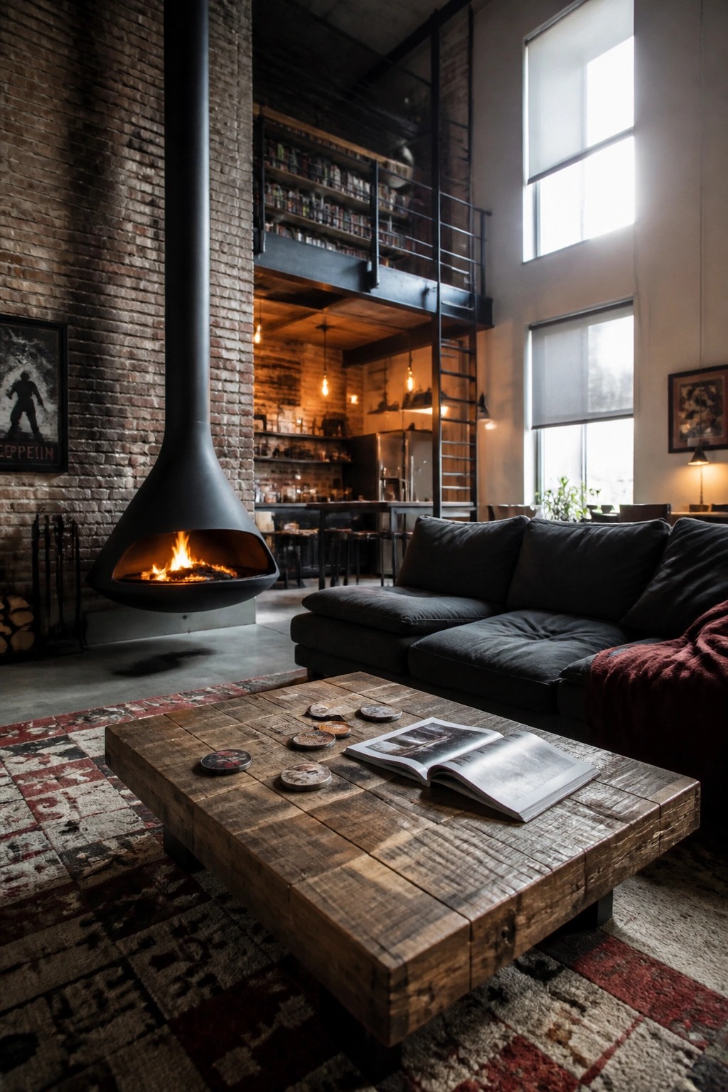 A modern loft interior with a black suspended fireplace hanging from the ceiling above a wooden coffee table and dark sectional sofa, with a brick wall and loft level visible in the background.