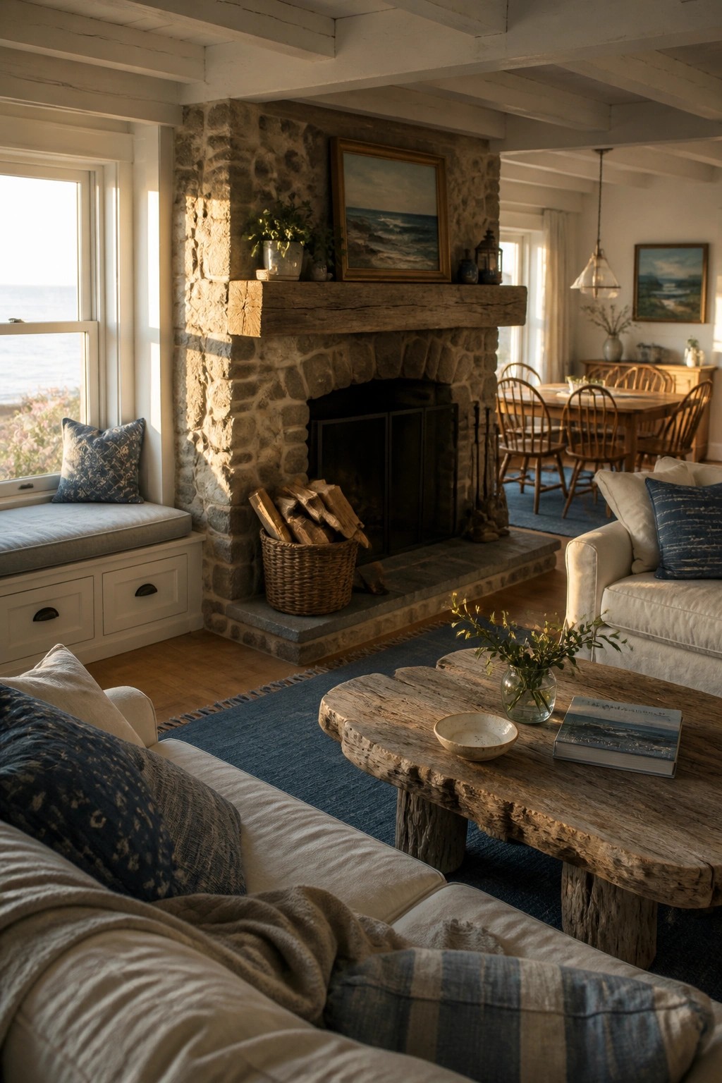 A living room featuring a large stone fireplace with a wooden mantel, a basket of firewood, and nearby seating with a rustic coffee table.