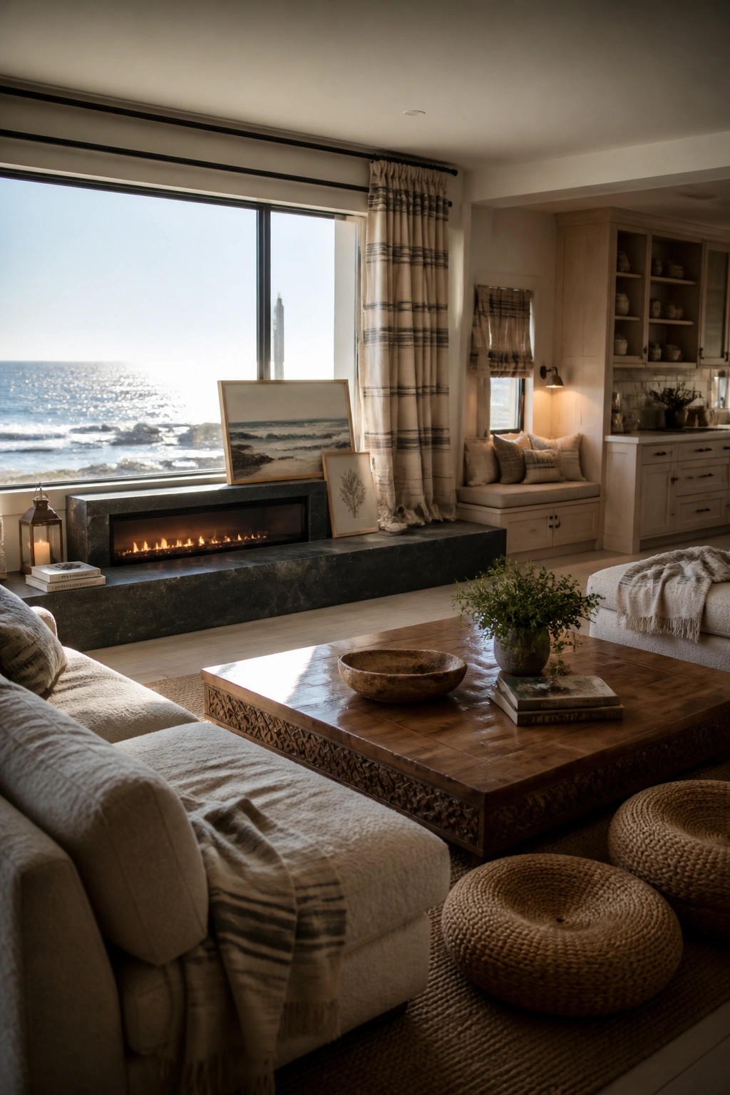 A living room featuring a linear fireplace built into a dark stone ledge beneath large ocean-view windows, with a wooden coffee table and neutral-toned seating in front.