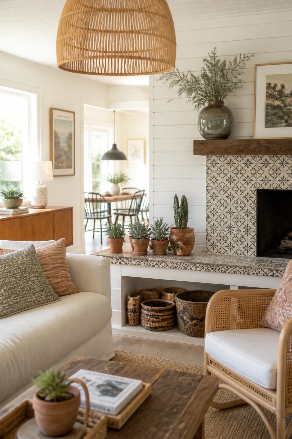 A living room with a white sofa, rattan chair, wooden coffee table, and a fireplace featuring a black and white patterned tile surround and wooden mantel.
