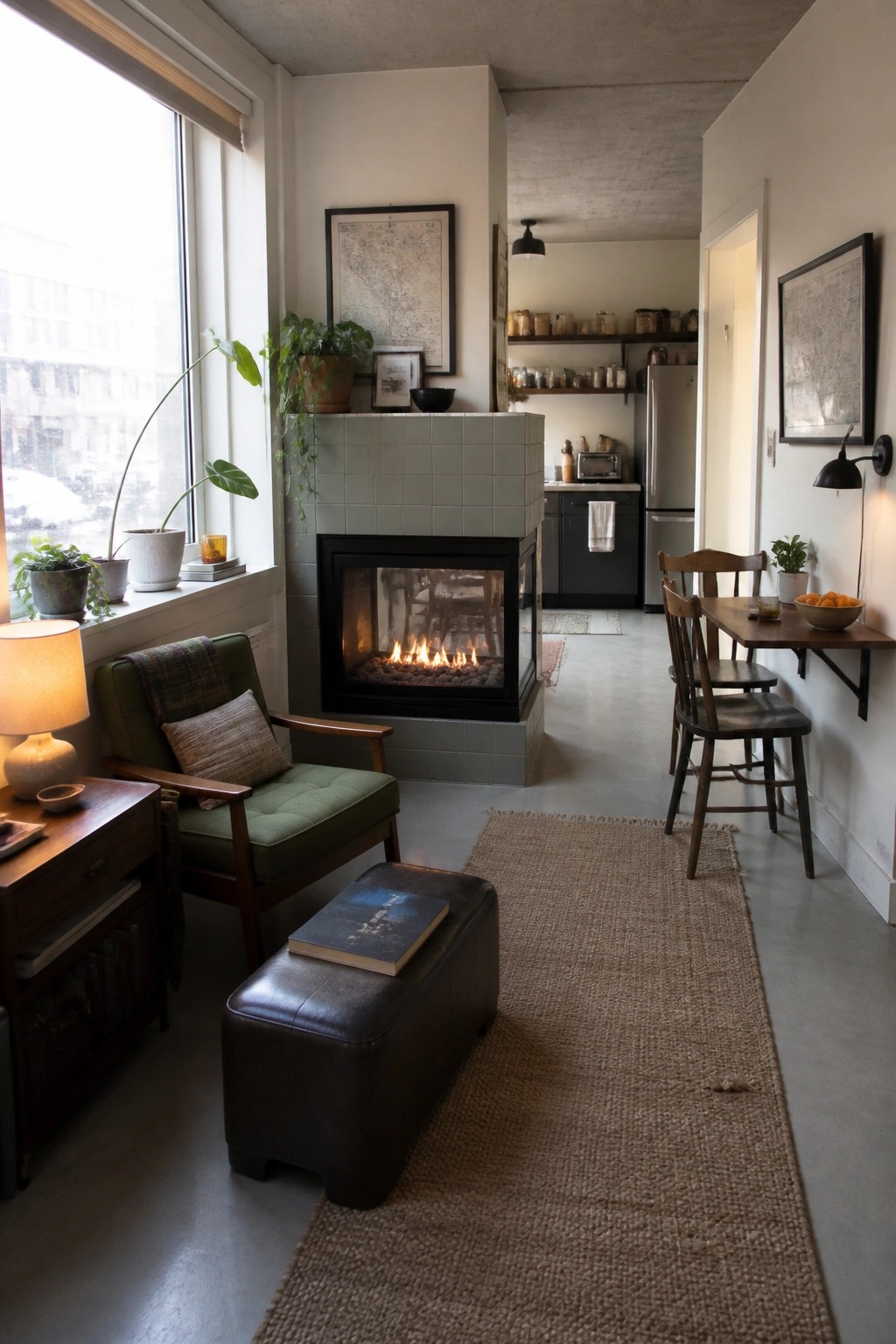 A living area with a central tiled fireplace, green armchair, leather ottoman, and a dining table visible beyond in an open-plan interior.