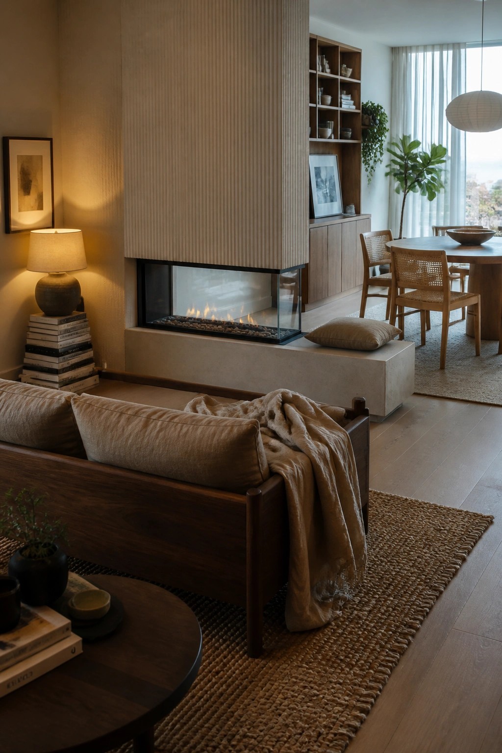 A living room with a glass-fronted fireplace set above a low concrete platform hearth, next to a wooden sofa and a dining area beyond.