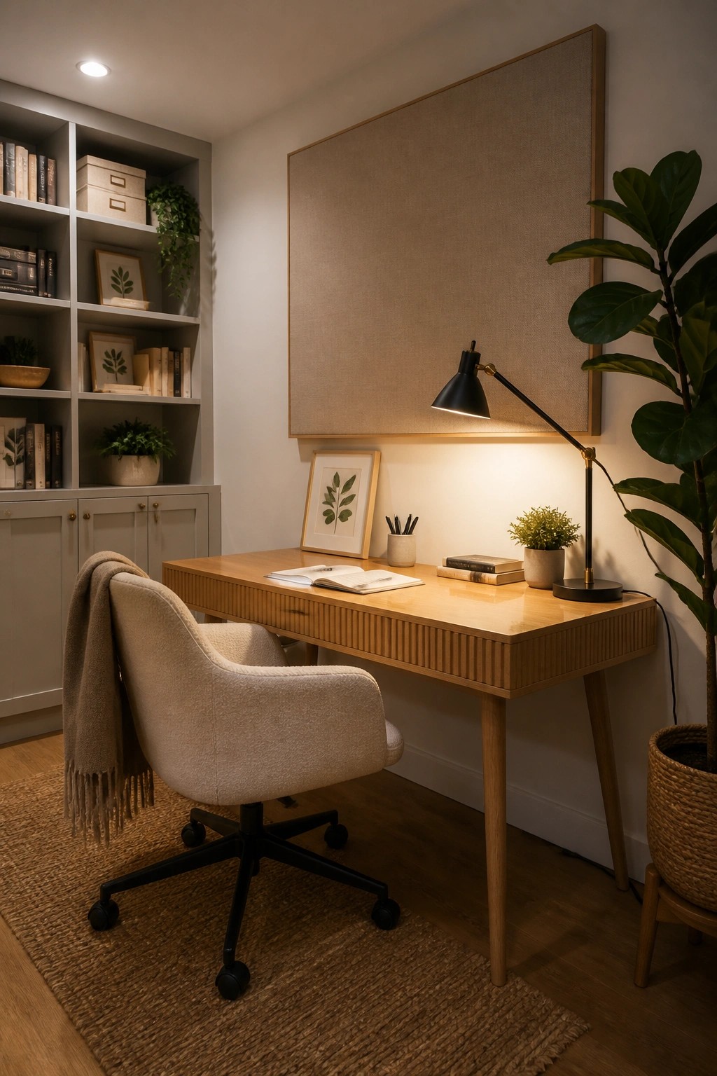 A home office featuring a wooden desk with a black desk lamp, open book, and small plants, a beige upholstered office chair, a bookshelf on the left, and a large beige textured panel mounted on the wall above the desk.