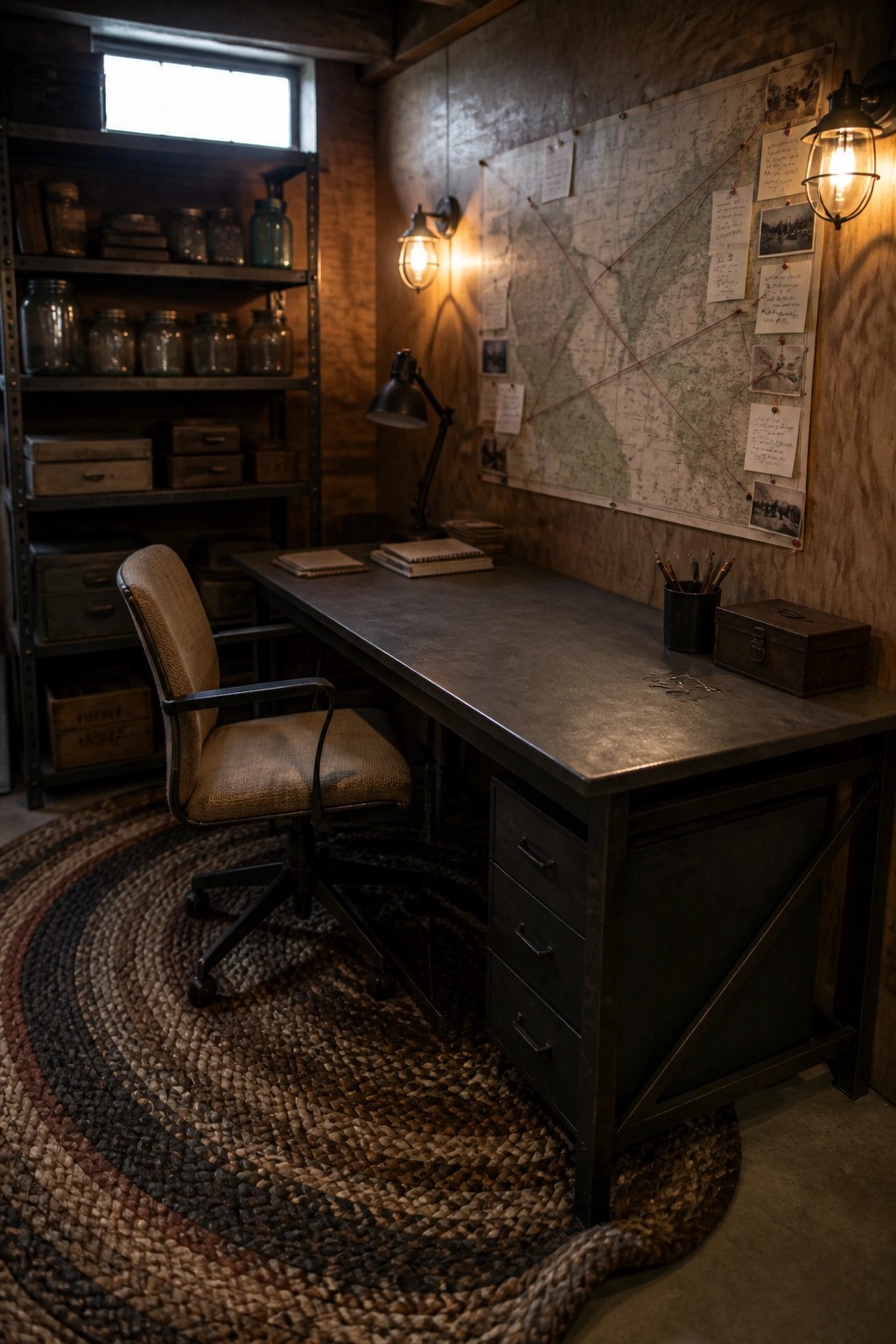 A compact home office features a large map pinned to the wall with red string connections, notes, and photos, a dark metal desk with a rolling chair on a braided rug, and shelves holding glass jars and storage boxes.