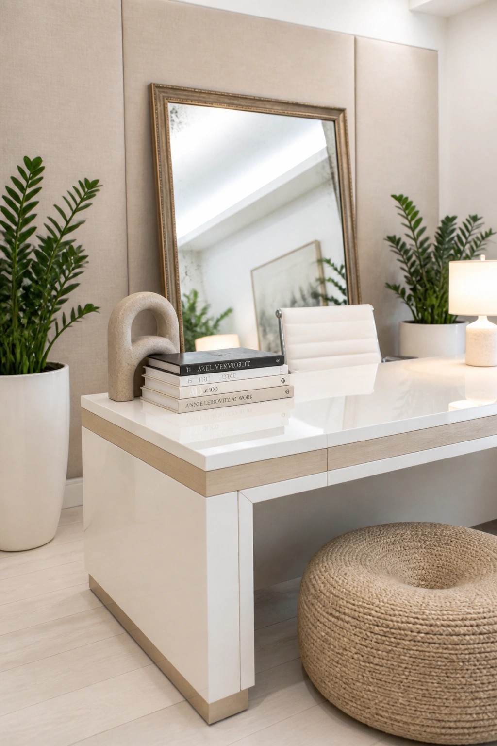A glossy white desk with stacked books and a large framed mirror on the wall above it, flanked by potted plants in a neutral office setting.