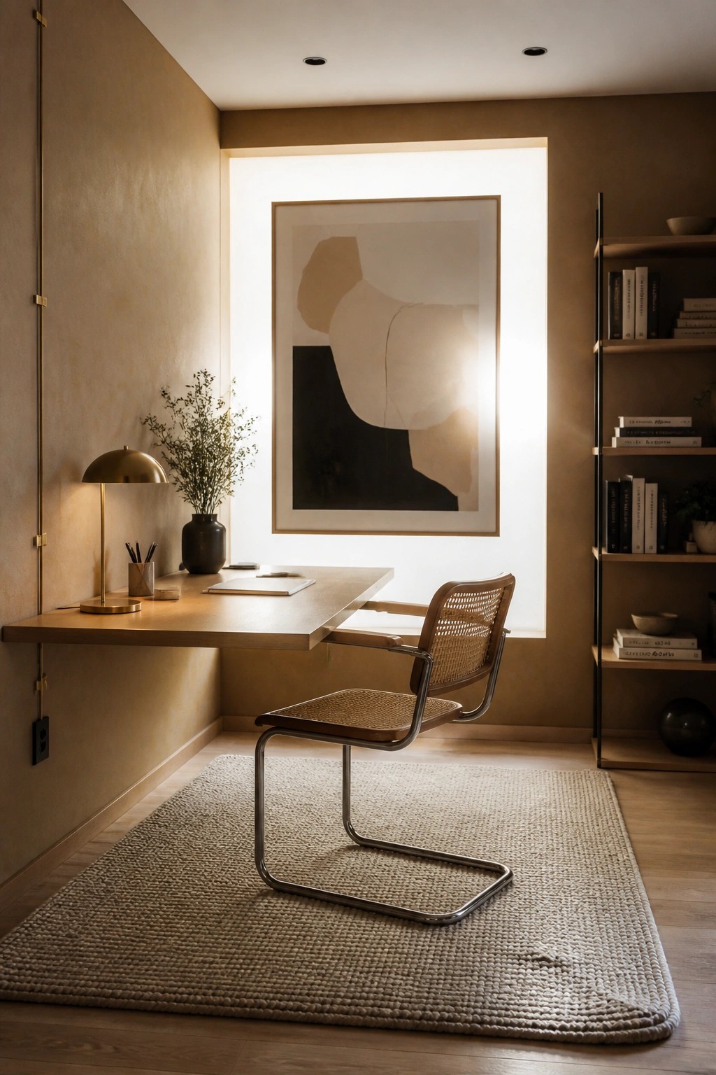 A home office with a floating wooden desk, woven chair on a textured rug, and a large abstract artwork set in a brightly backlit recessed wall niche.