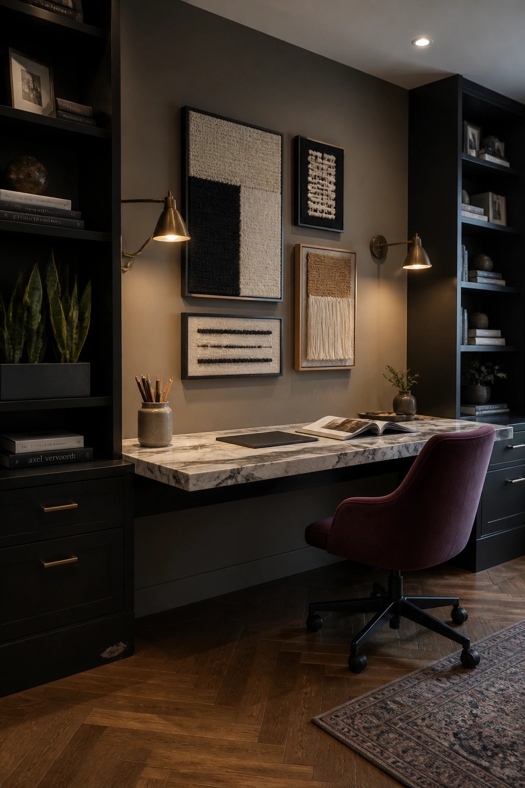 A windowless home office with a marble desk, maroon velvet swivel chair, dark built-in shelves and cabinets on both sides, textured woven wall hangings, and two brass sconces.