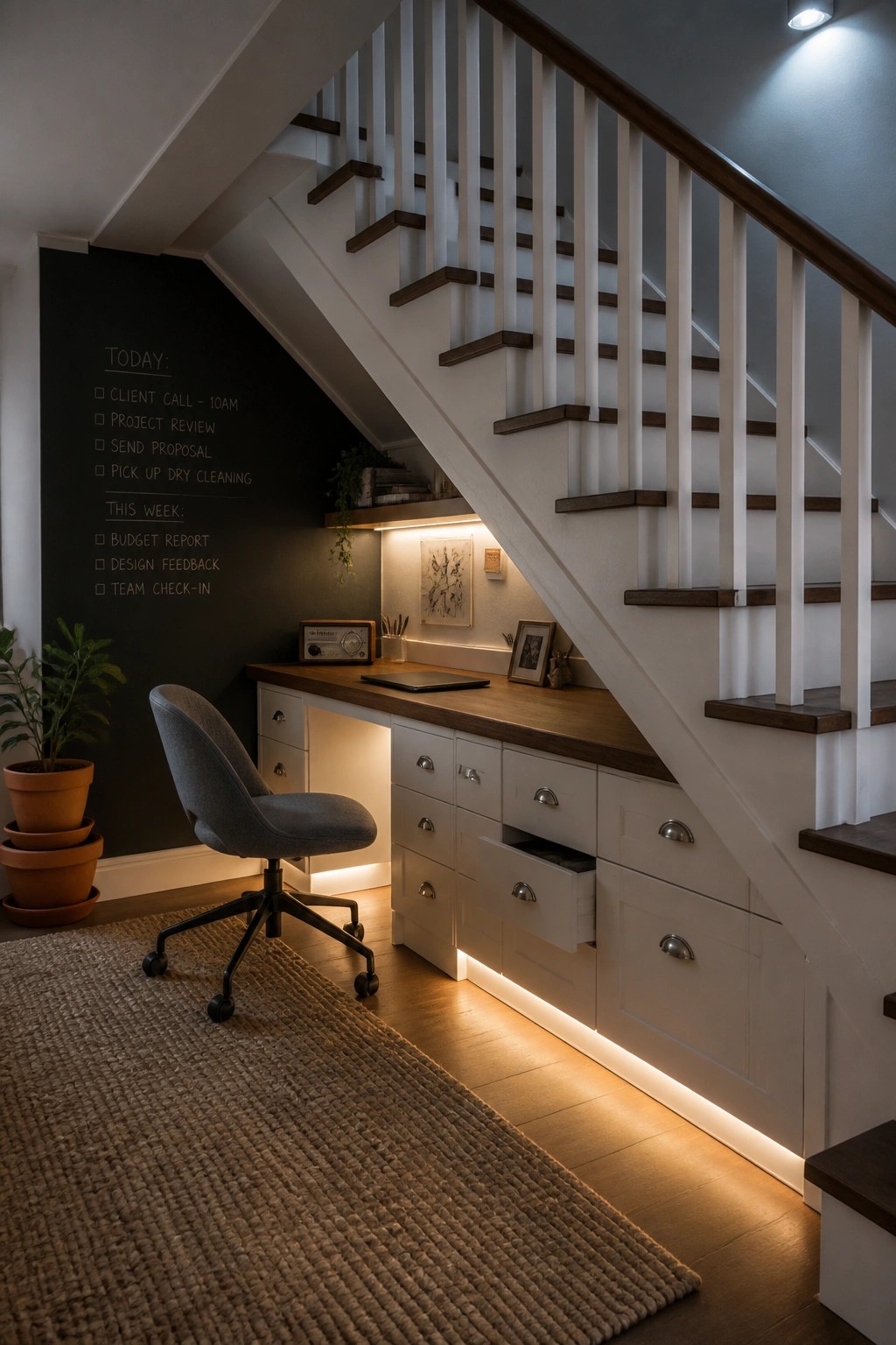 A small office workspace built under a staircase with white cabinetry, wood desk top, gray upholstered chair on wheels, chalkboard wall, and under-cabinet lighting.