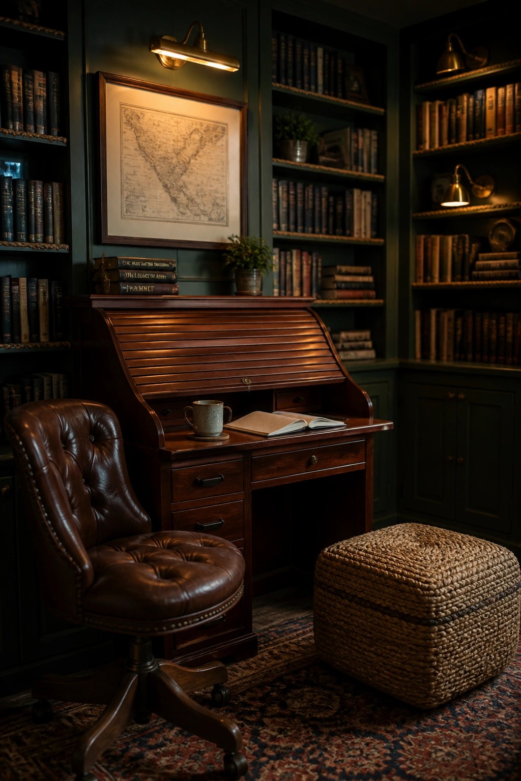A home office with dark green walls, built-in bookshelves filled with books, a wooden roll-top desk, and a brown leather chair.