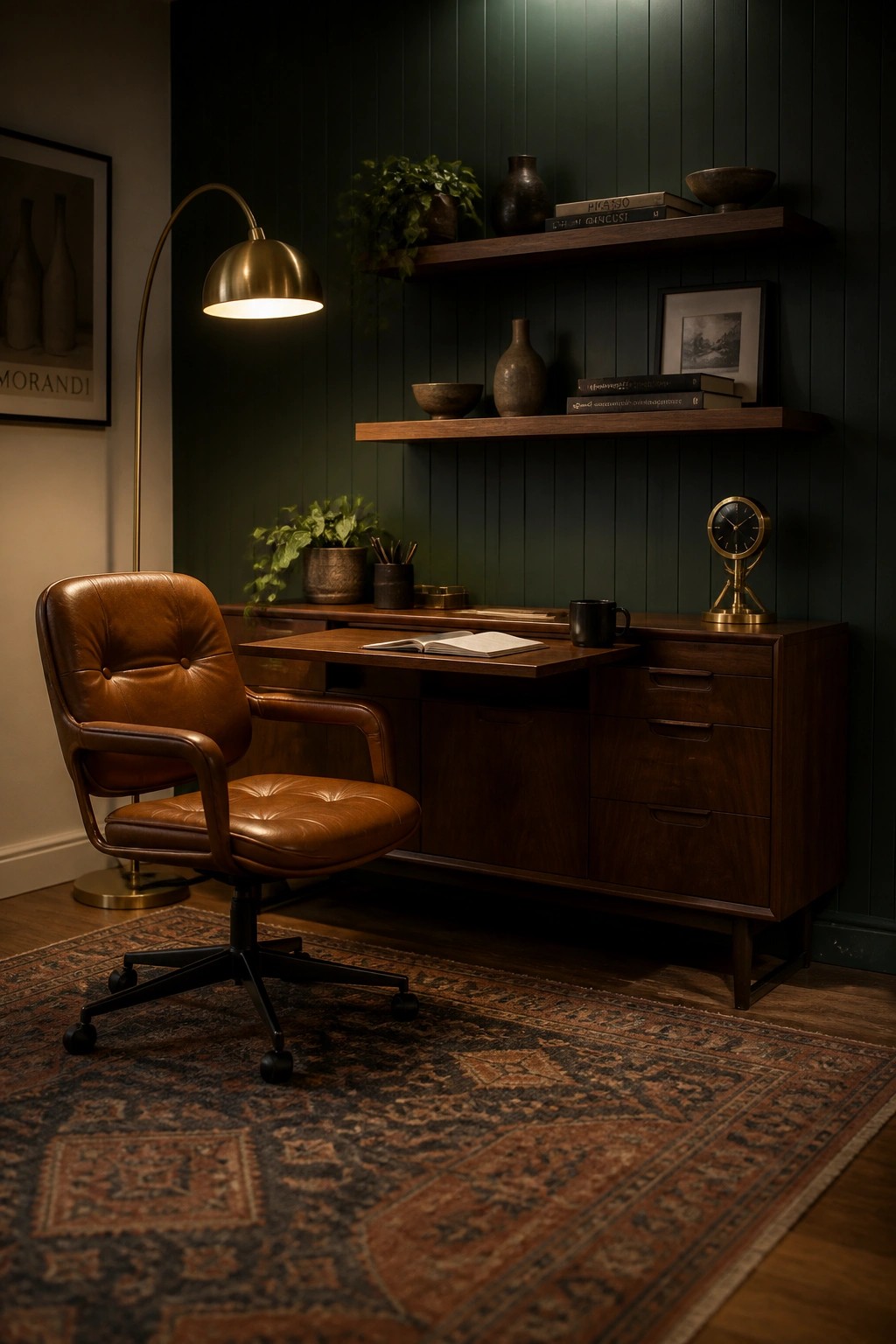 A home office with dark green vertical paneling, a wooden desk, brown leather office chair, floating wooden shelves, and a patterned area rug.
