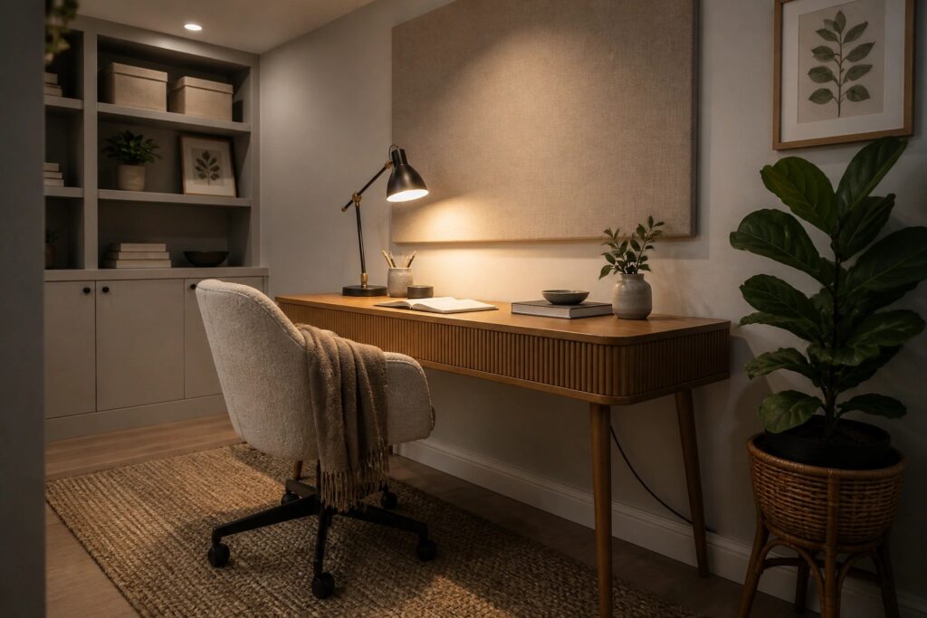 A home office featuring a wooden desk with a black desk lamp, open book, and small plants, a beige upholstered office chair, a bookshelf on the left, and a large beige textured panel mounted on the wall above the desk.