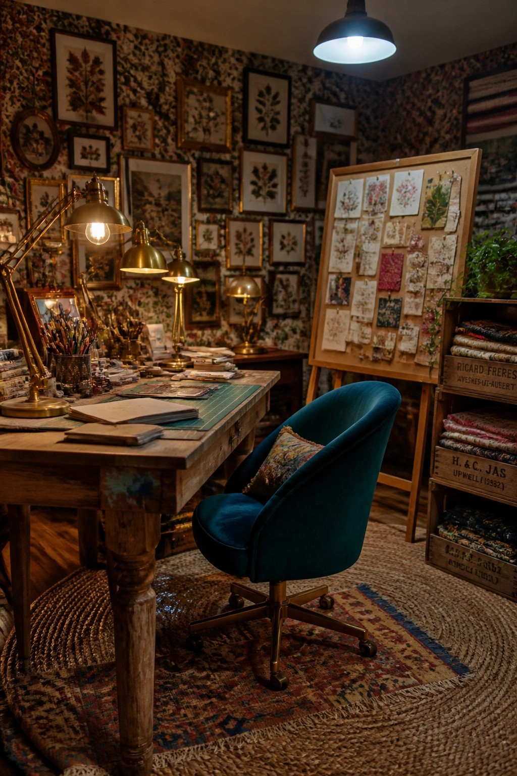 Vintage wooden desk with brass lamps and teal velvet chair in floral studio