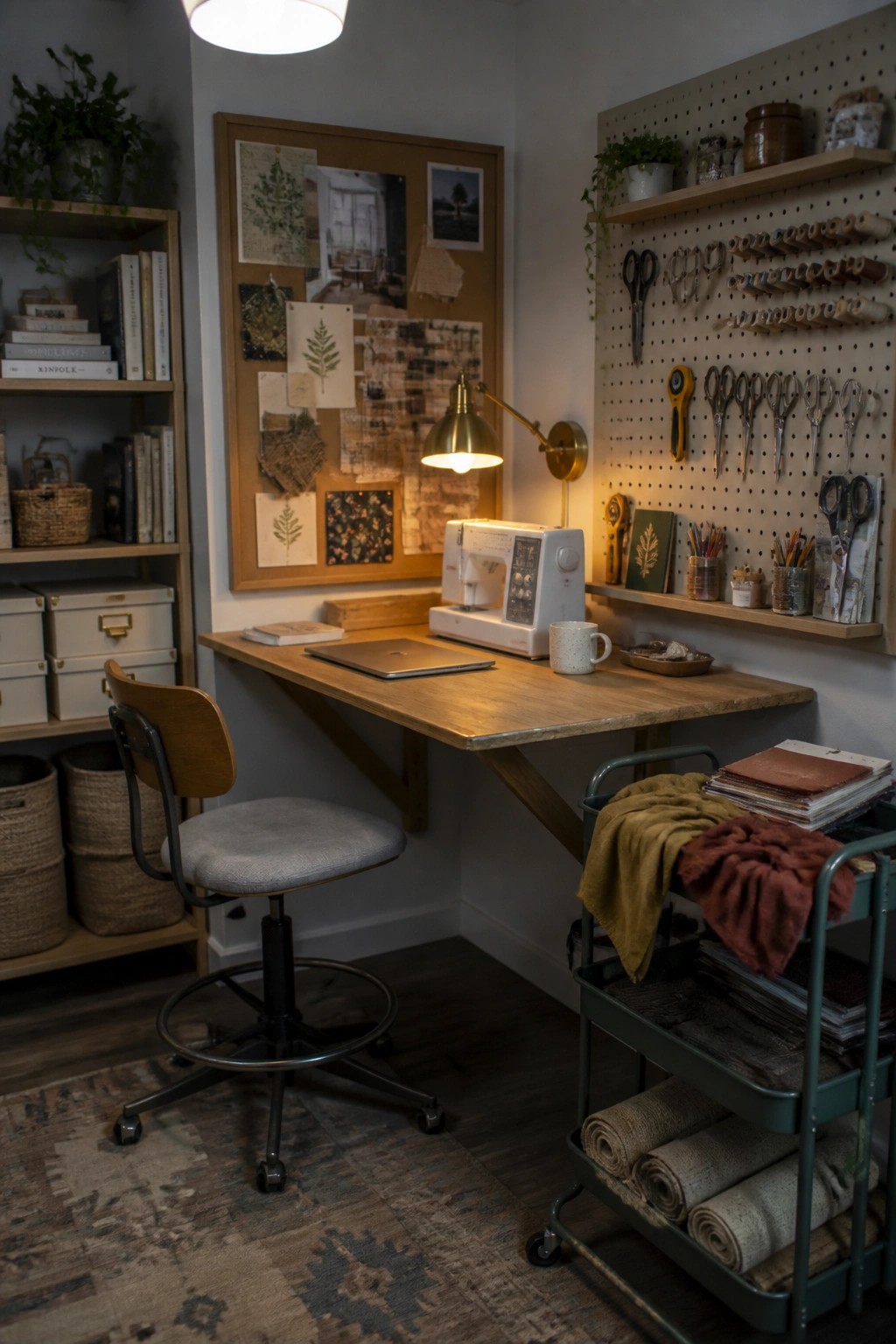 A corner workspace with a wooden desk, white sewing machine, large mood board on the wall above it, brass desk lamp, and a pegboard with craft tools to the right.