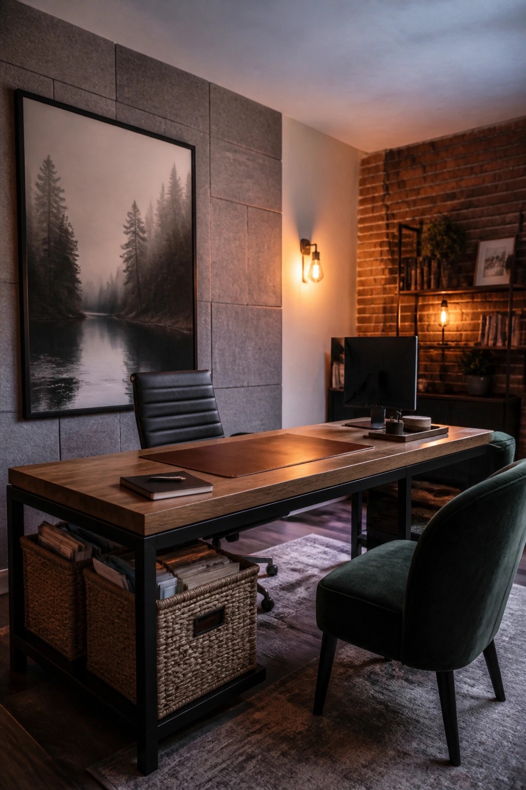 Modern home office with wooden desk, black chair, green velvet seat, computer, and forest art