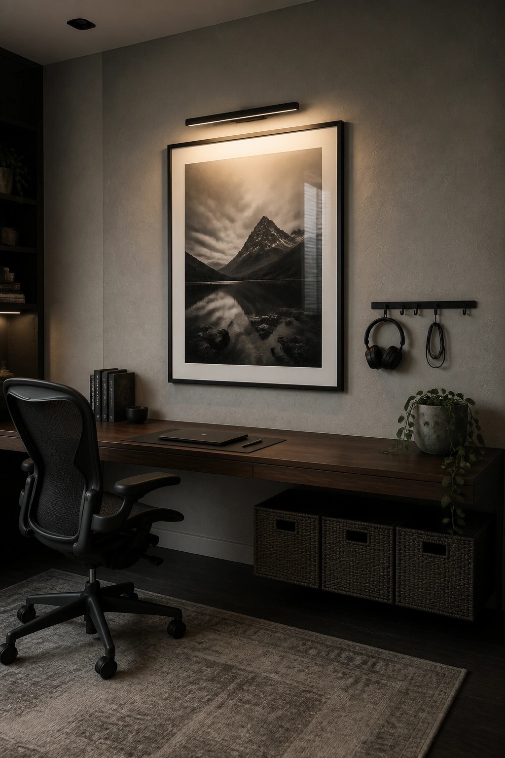 A home office featuring a large black and white mountain landscape photograph with a horizontal picture light above it, positioned over a dark wood desk with an office chair and woven storage baskets underneath.