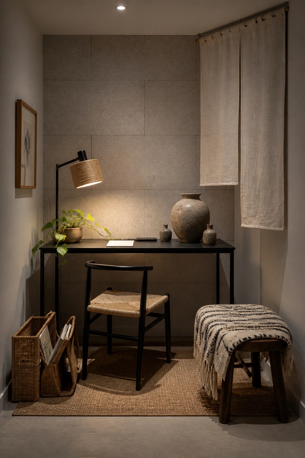 A minimalist home office with a black desk against a textured wall, a woven floor lamp, a wooden chair with woven seat, rattan storage baskets, a jute rug, and a wooden stool with a throw.