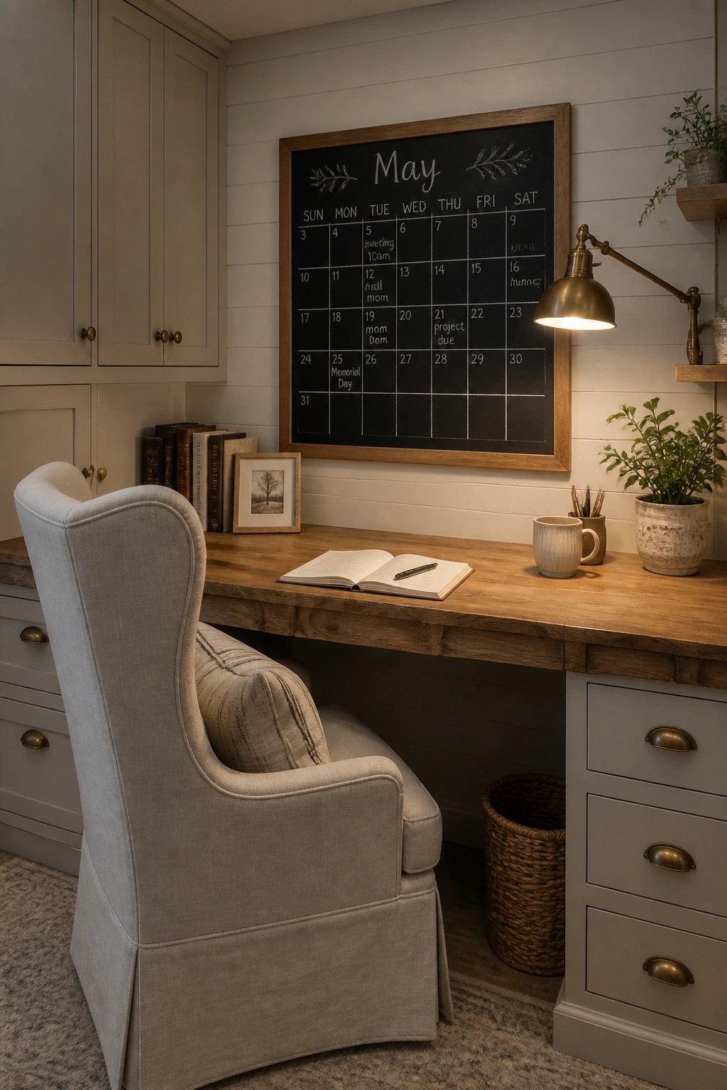 A home office featuring a wooden desk with an open notebook, a gray wingback chair, and a large framed chalkboard calendar on the wall marked with May dates and notes.
