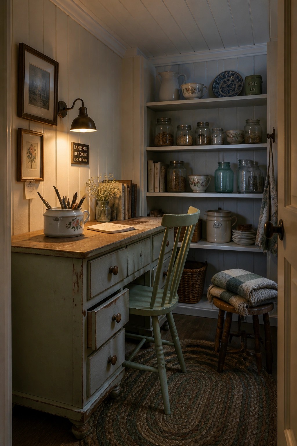 A small office corner with a distressed green desk, a matching wooden chair, and white open shelves holding glass jars, books, and ceramic pieces.