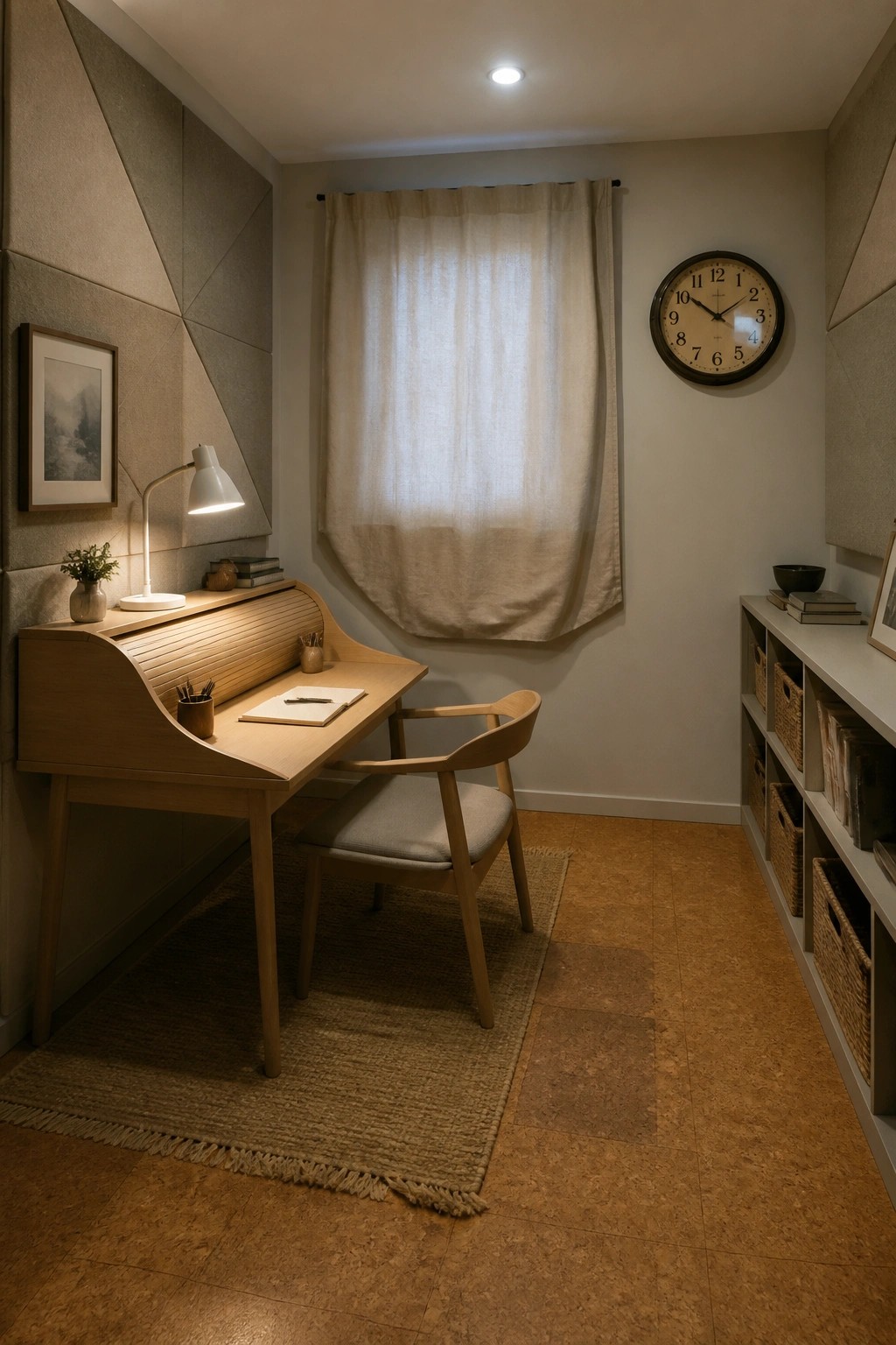 A compact home office features a light wood roll-top desk with an open surface holding a notebook and pen, a wooden chair on a jute rug, and a window covered by beige curtains.