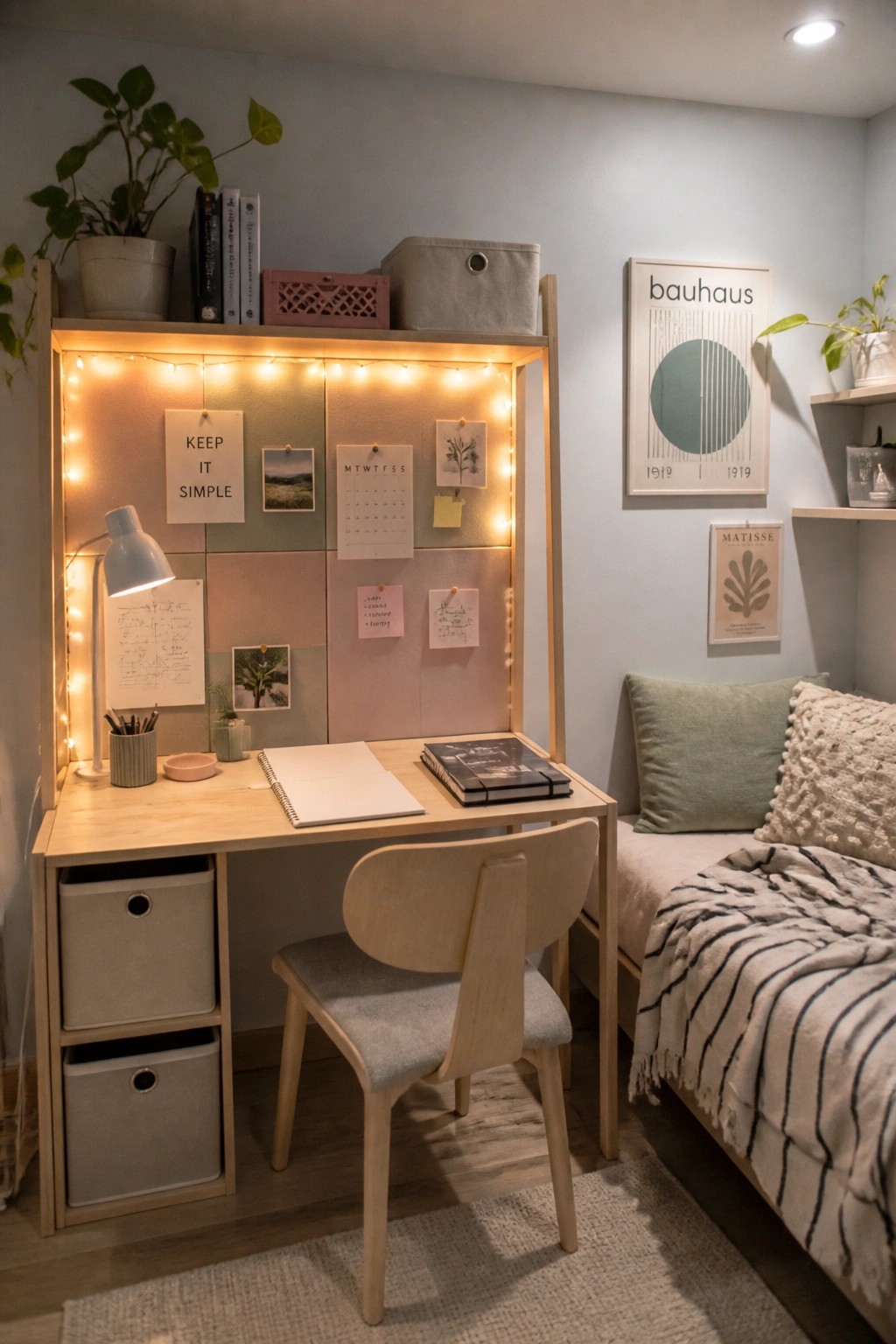 Cozy wooden desk with string lights, notes, chair, and daybed in pastel room