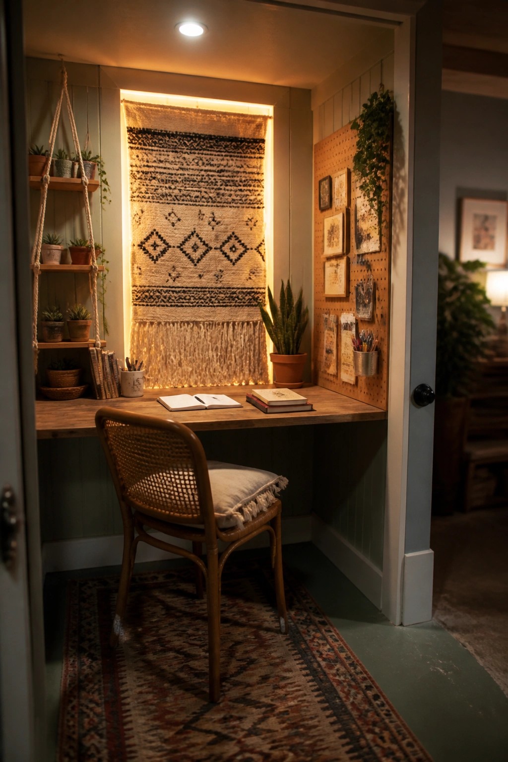 A wooden desk built into a small closet space with a woven chair, pegboard wall, and backlit wall hanging.