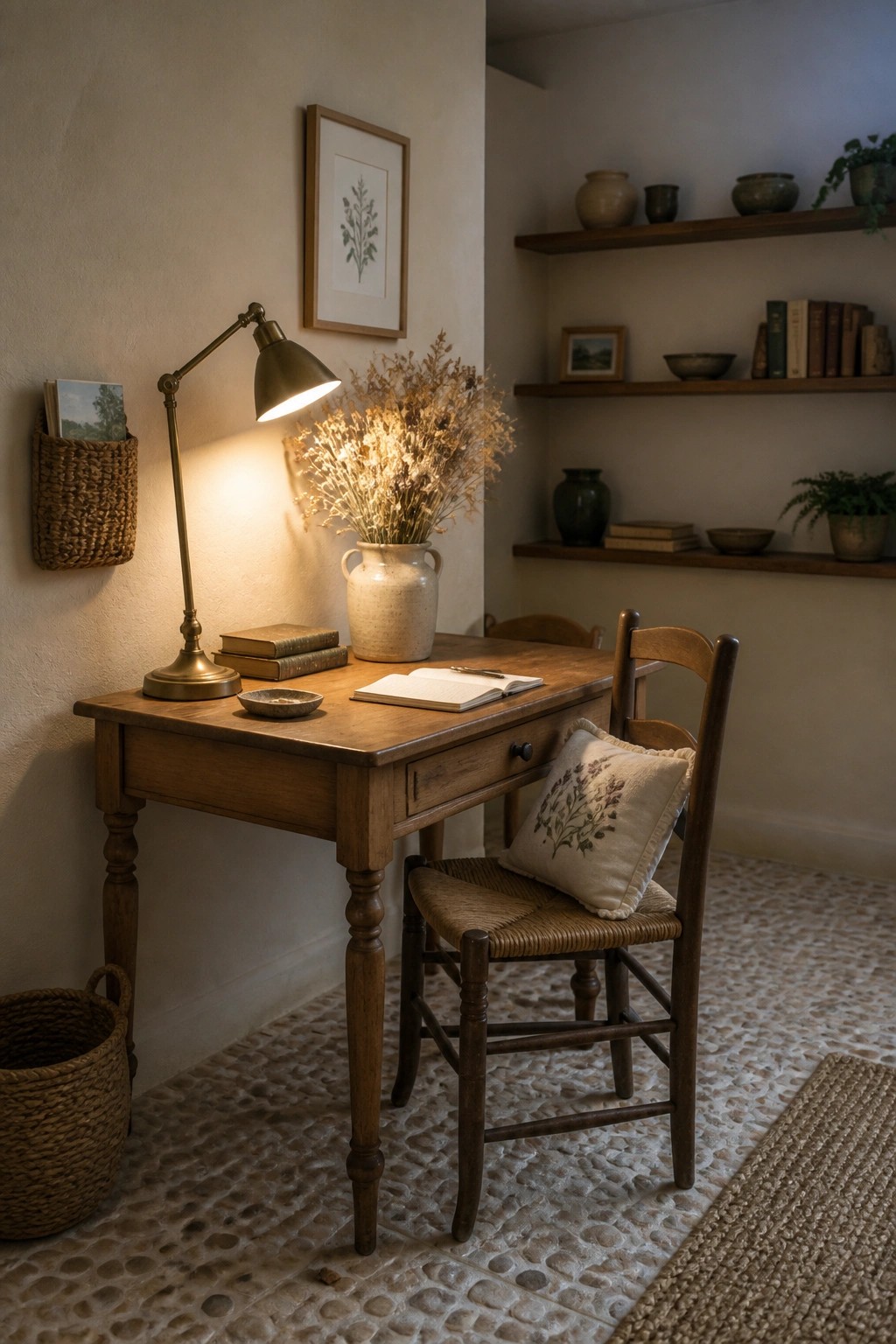A wooden desk with a lit brass desk lamp, an open notebook, stacked books, and a vase of dried flowers, next to a wooden chair with a woven seat and embroidered pillow.