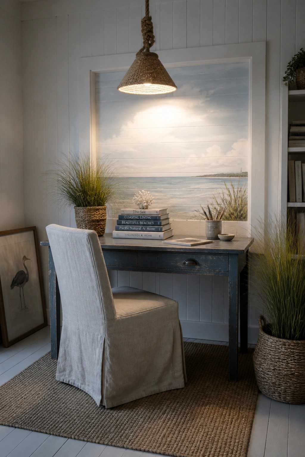 A small home office features a blue desk and slipcovered chair positioned in front of a large framed coastal landscape print, with a woven pendant light hanging above and potted grasses on either side.
