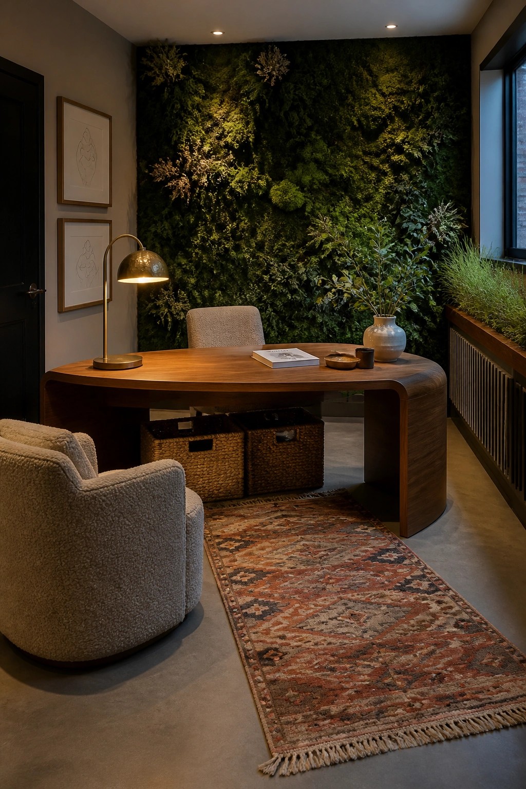 A modern home office featuring a curved wooden desk positioned in front of a large vertical green living wall, with a patterned rug on the concrete floor and a brass desk lamp.