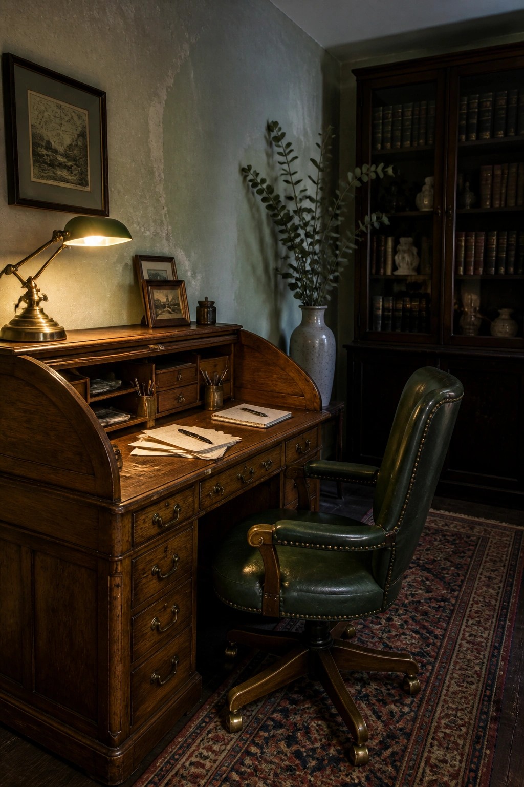 A wooden roll-top desk with an illuminated brass desk lamp, scattered papers, a green leather office chair, and a dark wood bookshelf in the background.