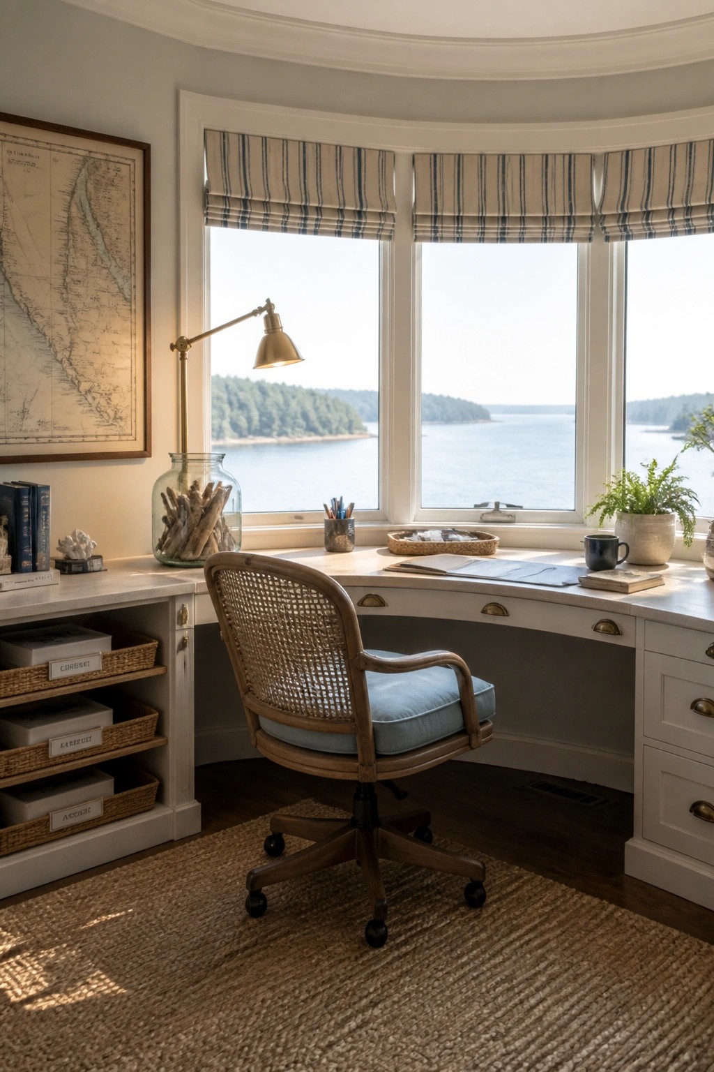 A curved white desk fitted into a bay window with a wooden swivel chair, storage baskets on the left, and a view of water and trees.